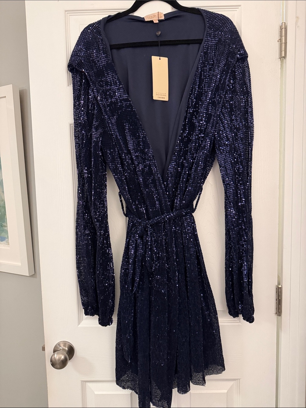 Club L London Navy Sequin Wrap Mini Dress with Belt